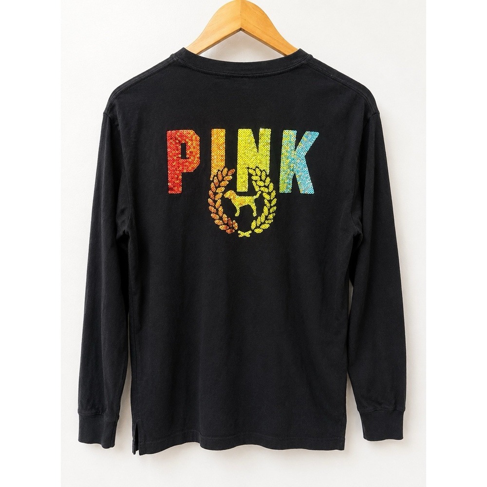 PINK Victoria's Secret Pocket Long Sleeve Tee Black Sequin Logo Women's S